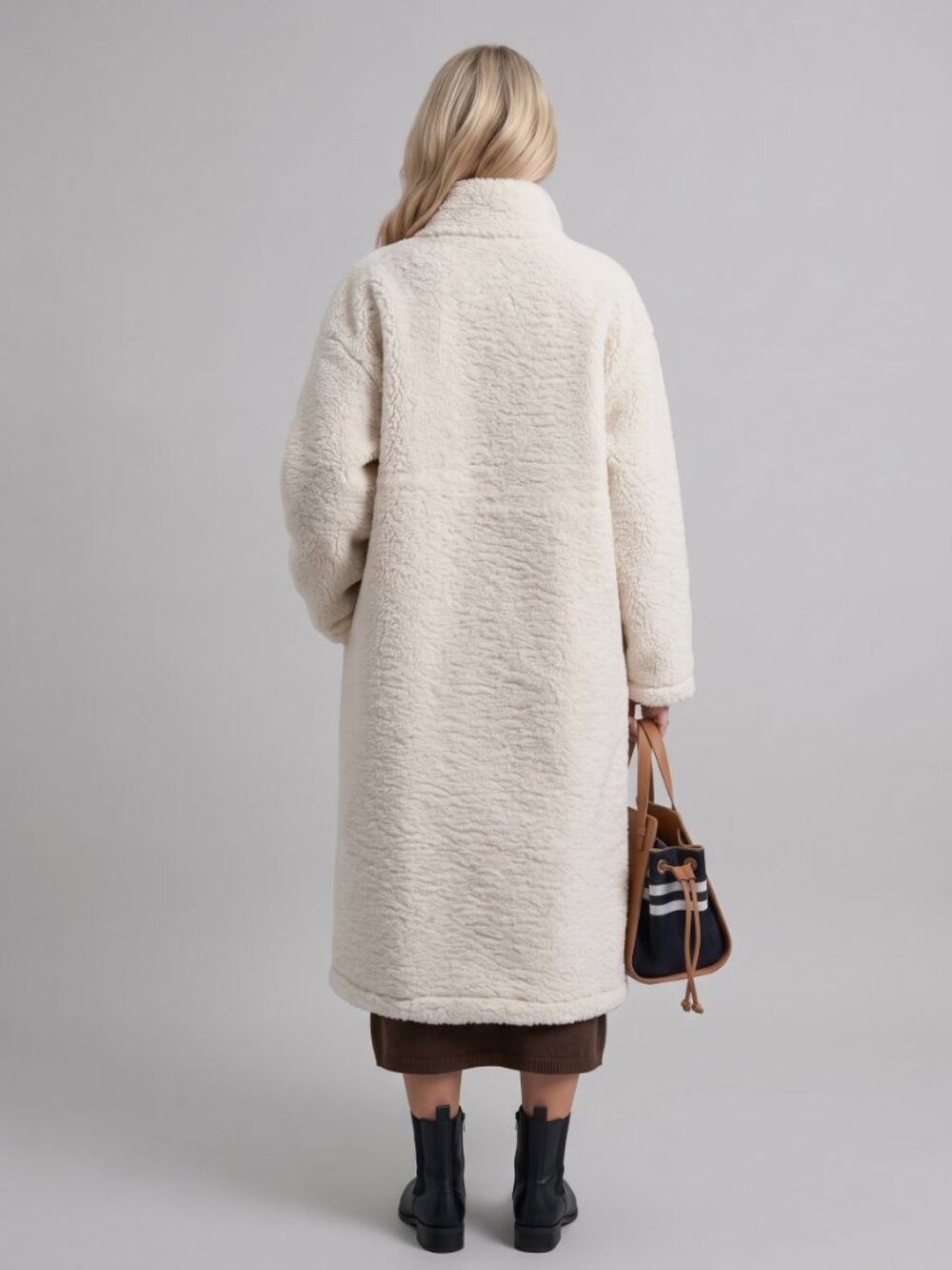 Women's Off White Fuzzy Zip Up Coat High Collar Pockets Casual Winter Jacket - Picture 3 of 4